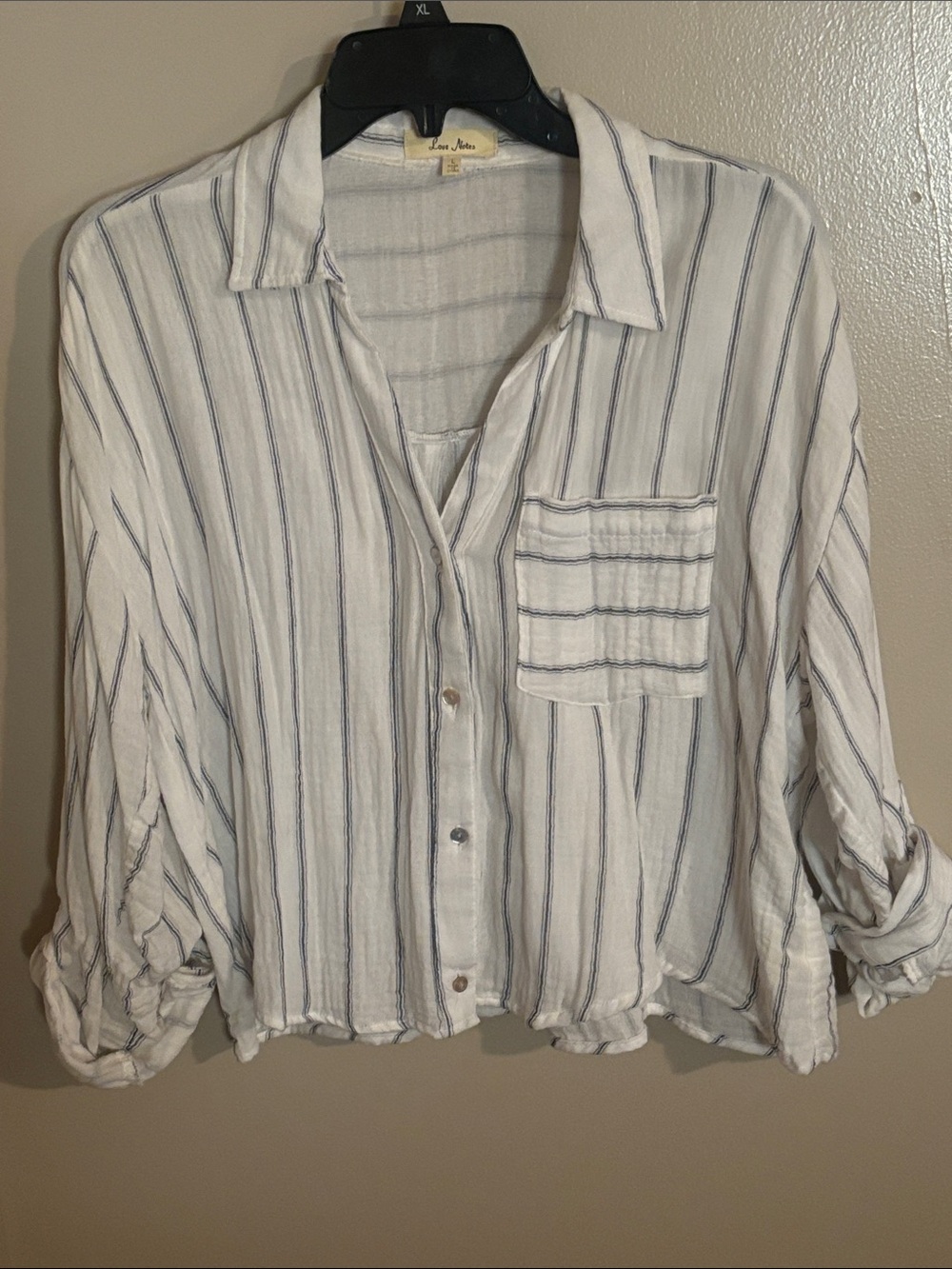 Love Notes White Button-Down Top with Blue Stripes